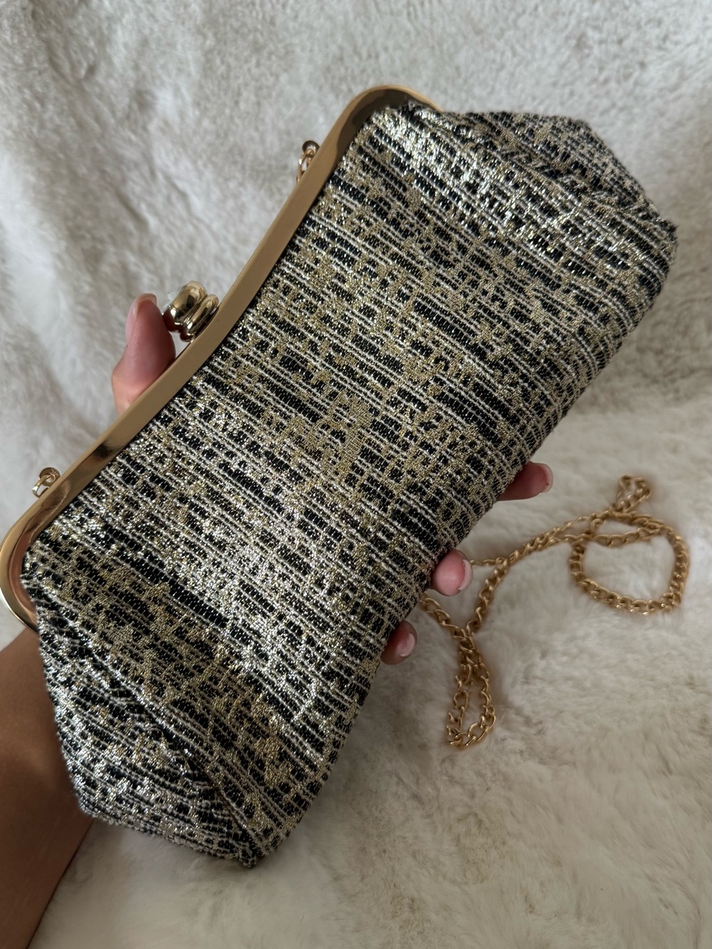 Nina Gold and Black Tweed Chain Clutch